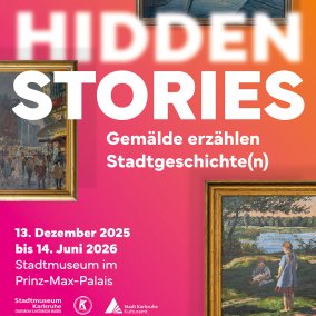 Plakat in Pink und Orange mit Ausstellungstitel und Ausschnitten von Gemälden.