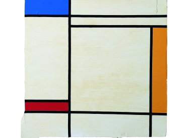 Bildkomposition im Stile Mondrians, mit weißen, einem roten und blauen Rechteck. Getrennt werden diese durch markante schwarze Linien.
