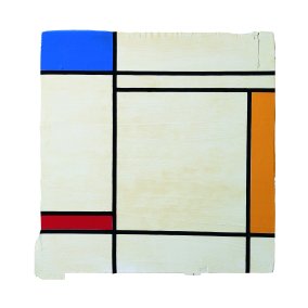 Bildkomposition im Stile Mondrians, mit weißen, einem roten und blauen Rechteck. Getrennt werden diese durch markante schwarze Linien.