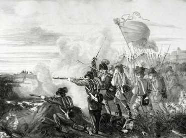 Kampfszene in schwarz-weiß zeigt eine historische Darstellung des Ausfalls der Revolutionstruppen aus Rastatt nach Niederbühl 1849