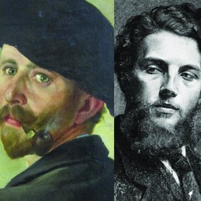 Collage aus drei Gemälden, ein Kind und zwei Männer