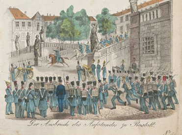 farbige Grafik zeigt den Aufstand vor dem Schloss Rastatt