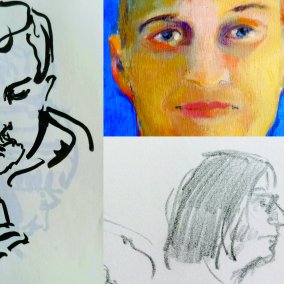 Collage von drei Gesichtern, als Skizze und gemalt