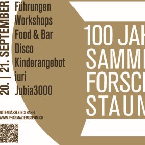 Museumsfest Grafik für das Museumsfest, mit den Aktivitäten die es an zwei Tagen gibt, dem genauen Datum und dem Jubiläumslogo "100 jahre Sammeln, Forschen Staunen" Weisse Schrift auf braun-goldigem Hintergrund