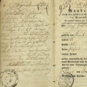 Wanderbuch des Wagnergesellen Joseph Herbster, ausgestellt vom Großherzoglichen Bezirksamt in Lörrach am 27. Juni 1819. Sammlung DLM ALöV 450