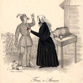 Amalie Struve steckt Freischärler eine rote Schleife an, Lithografie 1849, Sammlung DLM Amalie Struve steckt Freischärler eine rote Schleife an, Lithografie 1849, Sammlung DLM