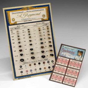 Dessinkappen für Kronenfeder-Druckknöpfe und Annäh-Druckknöpfe 1920-30er (Sammlung DLM)