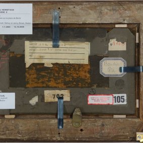 Schaufenster Archiv Rückseitenansicht des Bildes Eugène Boudin, «Fischerfrauen sitzend am Strand von Berck», 1875 –1878, Öl auf Holz, 16,2 × 28,7 cm, Museum Langmatt, Baden