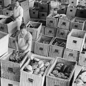 ACV-Grossbäckerei: Arbeiter/innen befüllen Körbe mit Broten, 1936. Foto: Lothar Jeck, Staatsarchiv Basel-Stadt, BSL 1060c 3/10/85C