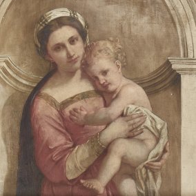 Ernst Stückelberg, Caritas, um 1875, Wandmalerei-Fragment aus dem Erimanshof in Basel,  Museum Kleines Klingental. Foto Kantonale Denkmal pflege Basel-Stadt, Peter Schulthess