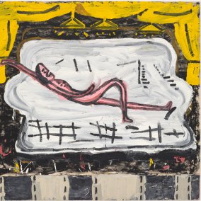 Rose Wylie, Lolita's House and Two Cars, 2018, Öl auf Leinwand, in zwei Teilen, 183 × 335 cm  © Rose Wylie, Courtesy the artist and David Zwirner