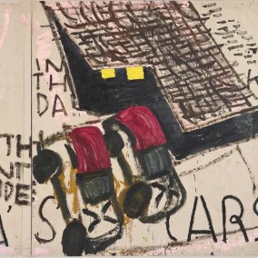 Rose Wylie, Lolita's House and Two Cars, 2018, Öl auf Leinwand, in zwei Teilen, 183 × 335 cm  © Rose Wylie, Courtesy the artist and David Zwirner