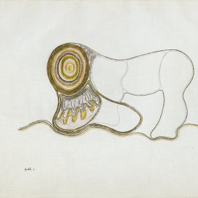 Hans Fischli, Ohne Titel (Blatt aus der Serie Celerina), 1931, Tusche, Bleistift und Farbstift auf Papier, 21 × 27 cm, Nachlass Hans Fischli © Nachlass Hans Fischli
