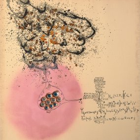 Carol Rama, Senza titolo (Ausschnitt), 1967, Tinte, Vinylkleber, Puppenaugen und Sprühfarbe auf Papier, Privatbesitz © 2025, Archivio Carol Rama, Turin Carol Rama, Senza titolo (Ausschnitt), 1967, Tinte, Vinylkleber, Puppenaugen und Sprühfarbe auf Papier, Privatbesitz © 2025, Archivio Carol Rama, Turin