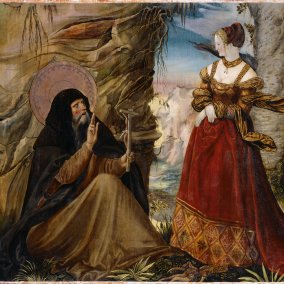 Niklaus Manuel (I.), Die Versuchung des heiligen Antonius, 1518–1520, Mischtechnik auf Fichtenholz, 101 × 126 cm. Kunstmuseum Bern, Depositum der Schweizerischen Eidgenossenschaft, Bundesamt für Kultur, Gottfried Keller-Stiftung  © Kunstmuseum Bern