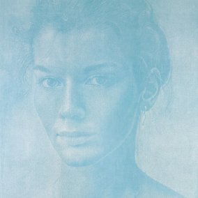 Franz Gertsch Doris, 1989 Holzschnitt / woodcut, 218 x 157 cm Handabzug 17/18 auf Kumohadamashi Japanpapier von Heizaburo Iwano / Woodcut 17/18 on Kumohadamashi Japanese paper by Heizaburo Iwano, 244 x 184 cm Türkis verblaut / Turquoise Museum Franz Gertsch, Burgdorf © Franz Gertsch AG 