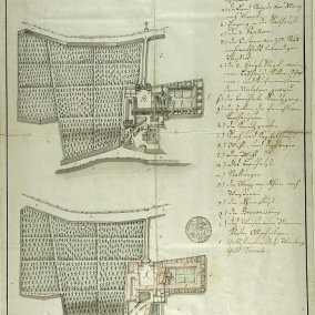 Vogelschau und Grundriss der Mainzer Kartause nach der Aufhebung, 1788/90, Stadtarchiv Mainz Vogelschau und Grundriss der Mainzer Kartause nach der Aufhebung, 1788/90, Stadtarchiv Mainz