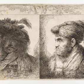 Giovanni Benedetto Castiglione: Kopf eines Mannes im Schatten, Kopf eines Mannes mit federgeschmücktem Turban und zwei Pastoralen, Radierung (1. Zustand) © GDKE Landesmuseum Mainz, Foto: A. Garth