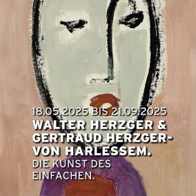 Walter Herzger (1901-1985) - Frau Luna mit grüner Traube (Ausschnitt), 1960 Ölfarben, Kreide auf Papier Das Gemälde zeigt vor rosafarbenem Grund einen großen, eiförmigen Kopf in hellem Grün, schwarz umrandet, mit schmalen schwarzen Augen, einem geschwungenen Nasenstrich und rotbraunem Mund. Unterhalb des Kopfes liegt ein violettfarbener Torso mit rotem Rechteck.