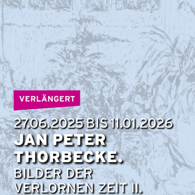 usstellungsansicht mit acht kleinformatigen Zeichnungen links und farbiger großformatiger Zeichnung rechts. 