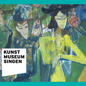 Logo des Kunstmuseums Singen vor einem farbigen Gemäldeausschnitt mit zwei Figuren.