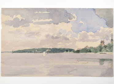 Malerei eines Sees mit Boot, Landschaft und Häuser im Hintergrund