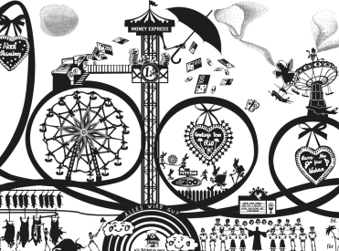 Linolschnitt in schwarz und weiß der eine dystopische Kirmes zu Coronazeiten zeigt