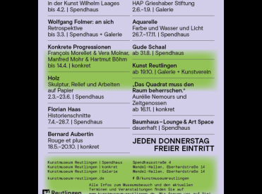 Grafik in grün und lila mit dem Jahresprogramm der Ausstellungen am Kunstmuseum Reutlingen