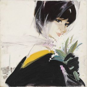 Otto Glaser, Lady with a Bouquet of Lily of the Valley, original design for Salamander advertising, around 1960, gouache on paper, 50 x 50 cm. Museum im Kleihues-Bau. Photo: Frank Kleinbach. Original design by Otto Glaser for Salamander, 1960s: A woman with dark hair, wearing a black dress with a yellow accent, holds lily of the valley. Sketchy background with an urban silhouette.