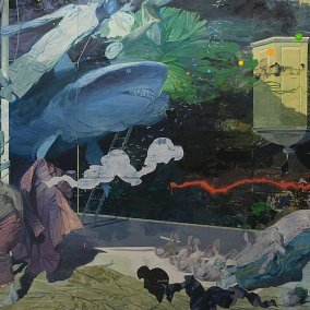 Ruprecht von Kaufmann, DER GESANG DER SIRENEN, 2024, Öl und Collage (Mylar) auf Linoleum, 349 x 531 cm. Courtesy Galerie Thomas Fuchs, Stuttgart. Ruprecht von Kaufmann, DER GESANG DER SIRENEN, 2024, Öl und Collage (Mylar) auf Linoleum, 349 x 531 cm. Courtesy Galerie Thomas Fuchs, Stuttgart.