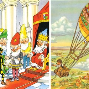 Links ein Ausschnitt aus Lurchis Abenteuer: Lurchi zeigt dem Zwergenkönig seine ledernen Schuhe, Rechts Mecki, der in seinem Heißluftballon über eine märchenhafte Landschaft fliegt