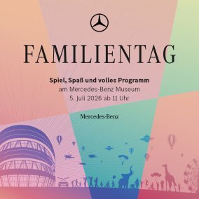 Man sieht einen Flyer zur Ankündigung des Familientags, mit einem Bild des Museums und verschiedenen Attraktionen