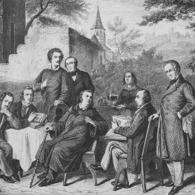 „Im Garten bei Justinus Kerner“, Stahlstich nach einem Gemälde von Heinrich von Rustige aus der Zeitschrift „Die Gartenlaube“, Leipzig 1866, 2. v. l.: Nikolaus Lenau.