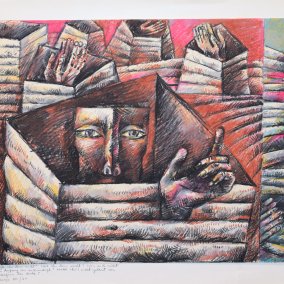 Gertrud Hornung: Wisst ihr denn nicht? Hört ihr denn nicht?, 1974, Farbzeichnung, Siebenbürgisches Museum