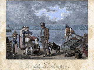Johann Michael Voltz "Das Goldwaschen bei Carlsruhe", Einzelblatt aus dem Gesamtwerk "Trachten, Volksfeste und charakteristische Beschäftigungen im Grosherzogthum Baden", 1823, Stadtarchiv Karlsruhe © Stadtarchiv Karlsruhe