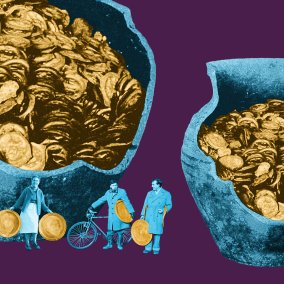 We see two bags filled with coins and three people on bicycles holding coins in their hands.