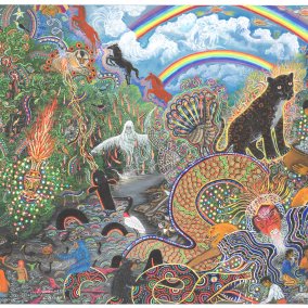 Titelbild der Ausstellung - gezeichnete Fantasiewelt mit Fabelwesen, Menschen, schwarzem Panther, Regenbögen