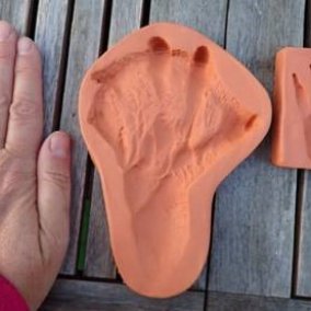 menschliche Hand im Vergleich zu Tierpfotenabdrücken in Ton
