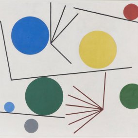 Sophie Taeuber-Arp, Cercles et barres, 1934<br>Öl auf Leinwand, 64 x 74 cm<br>Aargauer Kunsthaus / Anonyme Schenkung, 2005<br>Foto: Brigitt Lattmann