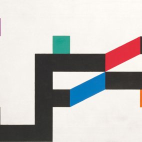 Camille Graeser, Konstruktion mit sechs Farbakzenten. 1949 <br>Öl auf Leinwand, 40 x 60 cm <br>Aargauer Kunsthaus Aarau / Schenkung der / Donation by the Camille Graeser-Stiftung, Zürich<br> © 2025, ProLittteris, Zürich <br>Foto: Jörg Müller