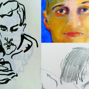 Collage von drei Gesichtern, als Skizze und gemalt