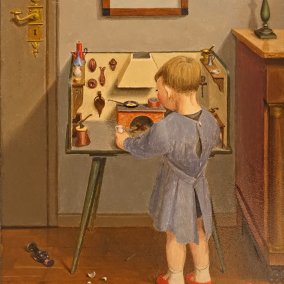 Niklaus Stoecklin, Kind vor Puppenküche, um 1948. Öl auf Hartfaserplatte, 33,5 x 27 cm. Privatbesitz. © ProLitteris, Zürich. Foto: Niklaus Stoecklin Stiftung, Basel