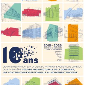 Affiche du 10e anniversaire de l'inscription de l'oeuvre de Le Corbusier sur la liste du patrimoine mondial de l'UNESCO