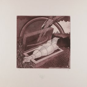 Kaspar Lukas Teutsch: „Gefesselt“, 1982, Aquatinta und Kaltnadel, Siebenbürgisches Museum