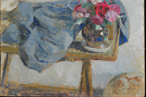Édouard Vuillard Roses rouges et étoffes sur une table, 1900/1901 Huile sur carton 56 x 66 cm Villa Flora, Winterthour Prêt permanent à la Fondation Hahnloser/Jaeggli