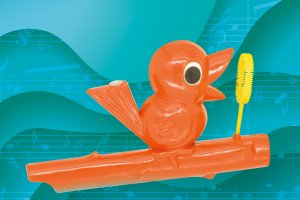 Vogelpfeife  (Spielzeugpfeife mit Seifenblasenring)