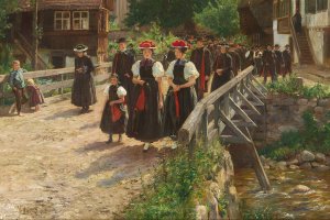 Gemälde, eine Gruppe Frauen mit den Schwarzwald-typischen Bollenhüten und in Tracht, auf dem Rückweg vom Kirchgang, im Hintergrund eine Kirche und Häuser