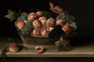 Das Foto zeigt ein Gemälde der Künstlerin Louise Moillon. Zu sehen ist ein mit Pfirsichen und Trauben gefüllter Korb.
