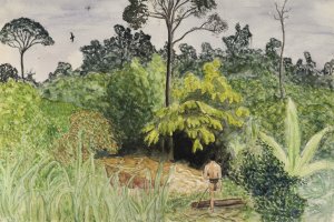 Ein gemaltes Bild eines Regenwaldes mit unterschiedlichsten Bäumen und Pflanzen unter einem grauen Himmel. Ein Mann ist ganz klein im Vordergrund zu sehen. Er läuft in den Wald.