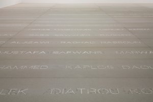 Doris Salcedo  Palimpsest, 2013–2017  Hydraulic equipment, ground marble, resin, corundum, sand and water; Dimensions variable  © the artist.  Photo: © White Cube (Theo Christelis)